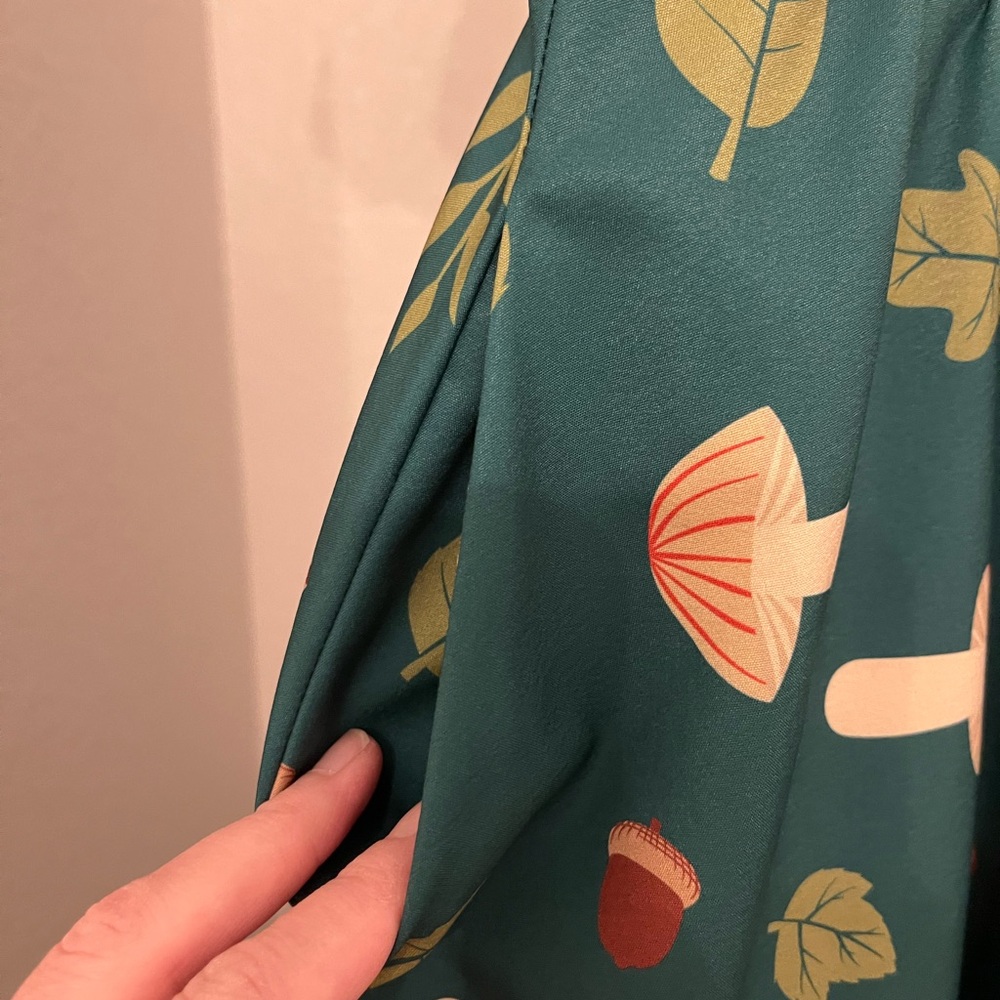 Teal Mushroom Print Mini Dress with Brown Peter Pan Collar - Picture 3 of 5